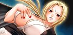  blonde_hair breasts chiba_toshirou cleavage dutch_angle from_below huge_breasts long_hair looking_at_viewer nail_polish naruto naruto_(series) parted_lips purple_lips red_eyes red_nails solo tsunade 