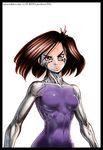  90s bodysuit brown_eyes brown_hair cyborg earrings facial_mark gally gunnm jewelry kishiro_yukito lips muscle purple_bodysuit short_hair solo 