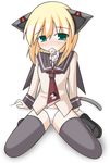  aircraft airplane animal_ears arm_support black_legwear blonde_hair blush cameo cat_ears cat_tail condom condom_in_mouth condom_wrapper f-14_tomcat felix_the_cat green_eyes jet mecha_musume military mouth_hold necktie no_pants original panties school_uniform serafuku short_hair sitting solo sukezaemon_(stainless_night) tail thighhighs underwear white_panties 