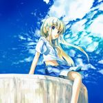  blonde_hair blue_eyes cloud day long_hair midriff myu navel original shorts sidelocks sitting sky solo wind 