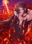  1girl bangs bare_shoulders black_dress black_jacket blood blood_on_face breasts breasts_apart brown_hair center_opening collarbone consort_yu_(fate) dress ear_piercing earrings eyebrows_visible_through_hair fate/grand_order fate_(series) fire from_above fur_collar jacket jewelry long_hair long_sleeves looking_at_viewer m-ya medium_breasts molten_rock parted_lips piercing red_eyes revealing_clothes sanpaku sidelocks sitting sleeves_past_wrists solo stomach sword torn_clothes torn_sleeves very_long_hair weapon 