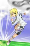  2006_fifa_world_cup artoria_pendragon_(all) ball blonde_hair clothes_writing fate/stay_night fate_(series) g-tetsu germany green_eyes kicking long_sleeves playing_sports saber soccer soccer_ball solo sport teamgeist twisted_torso world_cup 