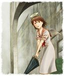  angel_wings artist_request brown_eyes brown_hair closed_umbrella haibane_renmei halo rakka school_uniform serafuku solo umbrella wings 