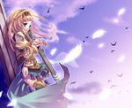  alicia_(valkyrie_profile_2) bird blonde_hair blue_eyes boots cloud feathers hairband komi_zumiko long_hair overskirt puffy_sleeves sheath sheathed skirt sky solo standing sword thigh_boots thighhighs valkyrie_profile valkyrie_profile_2 weapon zettai_ryouiki 