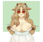  anthro big_breasts bovine breasts brown_fur cattle clothed clothing dress eyewear flower fur green_background green_eyes hair headband hippie huge_breasts long_hair mammal naughtycactus partially_clothed plant simple_background slightly_chubby smile sundress sunglasses undressing white_dress 