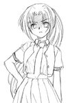  artist_request bangs buttons greyscale hand_on_hip higurashi_no_naku_koro_ni long_hair looking_at_viewer monochrome necktie open_clothes open_vest parted_bangs pleated_skirt ponytail school_uniform simple_background skirt solo sonozaki_mion upper_body vest white_background 