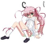  al_azif arm_support bow demonbane detached_sleeves green_eyes green_panties hair_ribbon long_hair natori_(natorism) panties pantyshot pantyshot_(sitting) pink_hair ribbon shoes sitting skirt socks solo underwear white_legwear white_skirt 