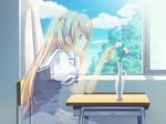  blonde_hair classroom cloud day desk flower game_cg ghost hairband indoors kusukusu long_hair moshimo_ashita_ga_hare_naraba nonosaki_akiho one_side_up school_desk sitting sky solo 