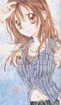  belt brown_hair changin'_my_life_(band) doily jewelry lips long_hair myco_(changin'_my_life) navel necklace orange_eyes scan scan_artifacts smile solo tanemura_arina 
