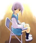  bangs blue_sailor_collar book chair folding_chair full_body kita_high_school_uniform kneehighs long_sleeves looking_at_viewer nagato_yuki poco_(asahi_age) purple_hair sailor_collar school_uniform serafuku shoes short_hair sitting socks solo suzumiya_haruhi_no_yuuutsu uwabaki yellow_eyes 