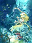  animal artist_request blonde_hair blue_eyes eel fish harp head_fins instrument jewelry mermaid monster_girl original solo underwater 