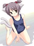  animal_ears bangs cat_ears ezakishii highres nagato_yuki nekomata nibi one-piece_swimsuit school_swimsuit short_hair solo suzumiya_haruhi_no_yuuutsu swimsuit tail 