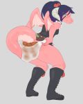  2019 anthro biped boots breasts character_request clothing crouching dragon eyebrows feces female footwear horn humanoid_hands linsaya looking_back panties rear_view scalie scat simple_background soiling solo underwear wings 