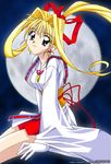  2000 blonde_hair dated full_moon gloves hair_ribbon kaitou_jeanne kamikaze_kaitou_jeanne kusakabe_maron long_hair long_sleeves moon ponytail purple_eyes ribbon sitting solo sugimura_tomokazu watermark web_address white_gloves 