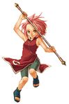  arm_up bare_arms bike_shorts dress full_body green_eyes haruno_sakura holding holding_weapon kobashi lowres naruto naruto_(series) open_toe_shoes pink_hair polearm red_dress short_hair simple_background sleeveless sleeveless_dress solo two-handed weapon white_background 