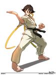  &gt;:( androgynous angry bangs barefoot black_eyes black_hair character_name choker clenched_hand copyright_name dated dougi falcoon feet fighting_stance flipped_hair frown full_body legs_apart looking_afar makoto_(street_fighter) outstretched_arm ribbon ribbon_choker sash shadow short_hair simple_background solo standing street_fighter street_fighter_iii_(series) tomboy v-shaped_eyebrows white_background 