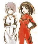  artist_request ayanami_rei ayanami_rei_(cosplay) bodysuit brown_hair cosplay multiple_girls nagato_yuki neon_genesis_evangelion parody plugsuit short_hair souryuu_asuka_langley souryuu_asuka_langley_(cosplay) suzumiya_haruhi suzumiya_haruhi_no_yuuutsu white_bodysuit 