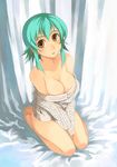  bare_shoulders barefoot bottomless breasts cleavage kneeling kusanagi_tonbo large_breasts naked_sweater no_pants original solo sweater 