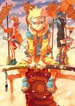  2boys artist_request blonde_hair haruno_sakura long_sleeves lowres multiple_boys naruto naruto_(series) orange_shirt shirt team7 uchiha_sasuke uzumaki_naruto 