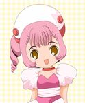  :d checkered checkered_background chibi chobits collarbone drill_hair hat looking_at_viewer open_mouth pink_hair puffy_short_sleeves puffy_sleeves sash short_sleeves shorts simple_background smile solo sumomo_(chobits) upper_body yellow_background 
