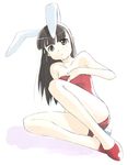  animal_ears artist_request bare_legs bare_shoulders black_hair brown_eyes bunny_ears bunnysuit copyright_request frown long_hair shoes solo white_background 