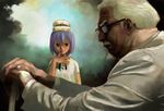  1girl artist_request beard bisuke-tan black-framed_eyewear blue_hair blurry blurry_background can colonel_sanders expressionless facial_hair finger_to_mouth food food_on_head from_side glasses goatee kfc lips long_sleeves looking_at_another mustache neck_ribbon object_on_head older profile ribbon short_hair short_sleeves walking_stick white_hair 
