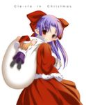  artist_request bow carrying_over_shoulder christmas fur_trim hair_bow half_updo hat len long_hair long_sleeves looking_back multiple_girls nekoarc over_shoulder pointy_ears purple_hair red_bow red_eyes red_skirt sack santa_costume santa_hat simple_background skirt tsukihime white_background 