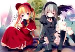  blonde_hair blush bonnet clock cross cup doll doll_joints dress feathers flower frills gears grey_hair hairband holding kneehighs long_hair long_sleeves multiple_girls pale_skin purple_eyes red_dress red_eyes ribbon rose rozen_maiden ruroo shinku shoes sitting socks suigintou tea teacup twintails wings 