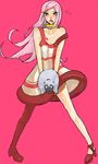  :o anemone_(eureka_seven) animal artist_request bare_shoulders blood blood_on_breasts blood_on_face collarbone eureka_seven eureka_seven_(series) full_body gulliver heart high_heels holding jewelry neck_ring off_shoulder open_mouth pink_background pink_eyes pink_hair simple_background solo standing teeth 