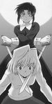  aiming all_fours antenna_hair arcueid_brunestud artist_request bangs black_keys ciel cross_print dress dual_wielding eyebrows eyebrows_visible_through_hair full_moon greyscale holding jpeg_artifacts long_sleeves monochrome moon multiple_girls parted_bangs peril serious sleeves_folded_up sweat sweatdrop sweater tsukihime 