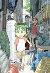  alley ayase_ena azuma_kiyohiko blue_hair fan green_eyes green_hair hayasaka_miura junk koiwai_yotsuba ladder lowres multiple_girls quad_tails raglan_sleeves shorts skirt yotsubato! 