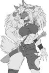  5_fingers abs anthro athletic breasts canid canine clothed clothing dora_systeel feda:_the_emblem_of_justice female fox greyscale looking_at_viewer mammal monochrome muscular muscular_female piercing simple_background smile 