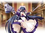  battle blue_hair dress game_cg gun hair_ornament handgun holding holding_gun holding_weapon long_hair long_sleeves maid nakadachiuri_shiraha oshiete_re:maid ozawa_akifumi pantyhose purple_eyes revolver solo sword thighhighs very_long_hair weapon 