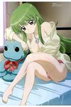  absurdres ahoge arm_support armpits bare_shoulders barefoot bed bow breasts cleavage crease crossed_legs feet green_hair highres inukami! jewelry large_breasts leaning legs long_hair long_sleeves megami necklace no_bra no_pants non-web_source off_shoulder official_art open_clothes open_shirt panties pantyshot pantyshot_(sitting) pendant pink_eyes pink_panties saitou_yoshinari scan shirt sitting smile solo stuffed_animal stuffed_toy underwear very_long_hair window youko_(inukami) 