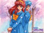  2girls 90s :d back-to-back blue_eyes blue_hair blue_sailor_collar bow cherry_blossoms company_name copyright_name fujisaki_shiori hairband kirameki_high_school_uniform kokura_masashi logo long_hair long_sleeves looking_at_viewer multiple_girls nijino_saki official_art oldschool open_mouth petals red_eyes red_hair sailor_collar school_uniform serafuku smile tokimeki_memorial tokimeki_memorial_1 yellow_bow 