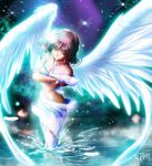  airbrush_(medium) amano_mishio angel brown_hair kanon night short_hair signature solo water wings yukirin 