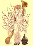  artist_request bell cherry_blossoms floral_print furisode hair_ornament hands_together japanese_clothes jingle_bell kimono long_sleeves new_year obi orange_hair original red_eyes sash shrine_bell solo standing tabi tassel 