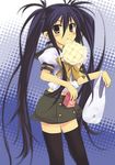  black_hair bread food melon_bread miniskirt mizuki_makoto mouth_hold parody school_uniform shakugan_no_shana shana skirt solo thighhighs twintails zettai_ryouiki 