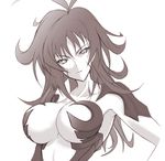  amaha_masane antenna_hair armor armpits artist_request bangs bikini_armor breasts center_opening cleavage facial_mark greyscale large_breasts long_hair looking_at_viewer mature messy_hair midriff monochrome naughty_face simple_background smile solo tattoo underboob upper_body witchblade 