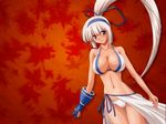  abu blue_gloves blush breasts cowboy_shot dutch_angle gloves hairband huge_breasts leaf long_hair majikina_mina maple_leaf navel orange_background panties parted_lips partly_fingerless_gloves samurai_spirits single_glove snk solo thigh_gap underwear very_long_hair wallpaper white_panties 