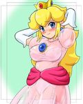  arms_up blonde_hair blue_eyes blush bra breasts brooch dress earrings elbow_gloves garter_belt gloves jewelry konpeto large_breasts lingerie long_hair mario_(series) panties pink_dress princess_peach see-through solo standing super_mario_bros. thighhighs underwear white_bra white_gloves white_legwear white_panties 