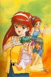  90s aqua_eyes aqua_hair brown_eyes brown_hair fujisaki_shiori hair_bobbles hair_ornament hair_rings hairband half_updo kokura_masashi long_sleeves mikihara_megumi multiple_girls official_art oldschool ponytail red_eyes red_hair ribbon saotome_yumi scan tatebayashi_miharu tokimeki_memorial tokimeki_memorial_1 waving 