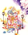  candle fan folding_fan japanese_clothes kimono long_sleeves original solo traditional_media watercolor_(medium) yuufuushi 