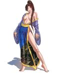  artist_request bad_hands barefoot breasts brown_hair hair_censor hair_over_breasts japanese_clothes kimono long_hair off_shoulder open_clothes open_kimono ponytail shadow shin_sangoku_musou single_bare_shoulder solo zhen_ji 
