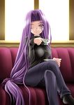  couch crossed_legs fate/stay_night fate_(series) glasses long_hair long_sleeves low-tied_long_hair noritama_(gozen) one_eye_closed purple_hair rider solo tea very_long_hair 