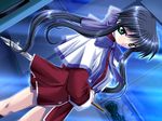  black_hair game_cg green_eyes hinoue_itaru kanon kawasumi_mai long_hair long_sleeves red_skirt skirt solo sword weapon 