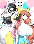  2018 absurd_res anthro big_breasts black_hair blue_eyes blush blush_stickers breasts brown_hair canid canine canis cleavage clothed clothing daughter digital_media_(artwork) dog duo ear_piercing female hair hair_bow hair_over_eye hair_ribbon hi_res holly_applebee huge_breasts long_hair looking_at_viewer maggie_applebee mammal mother mother_and_daughter parent piercing ribbons short_hair smile theycallhimcake v_sign yellow_eyes 