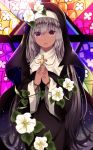  black_dress cross cross_necklace dark_skin dress flower hands_clasped highres holding_cross hood jewelry kuro_namako long_hair long_sleeves looking_at_viewer necklace nun original own_hands_together silver_hair solo very_long_hair white_flower 