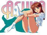  asuka_(viper) blouse brown_hair dressing katsura_ken'ichirou legs_up long_hair lowres no_pants panties school_uniform serafuku shadow sitting smile socks solo underwear viper viper_ctr viper_v10 white_legwear white_panties 