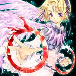  armor blonde_hair foreshortening hands long_sleeves original purple_eyes short_hair solo sumi_keiichi wings 